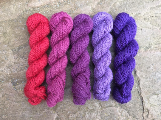Yorkshire Berries pack of 5 mini skeins of 4ply yarn, each 20g/60m, in berry shades of purples and red