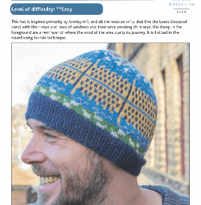 Armley Mills Beanie Knitting Kit contains pattern and 4ply yarn to make a beanie featuring a mill beside a river