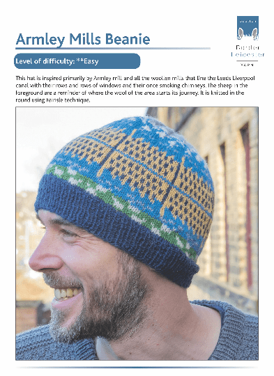 Armley Mills Beanie Knitting Kit contains pattern and 4ply yarn to make a beanie featuring a mill beside a river
