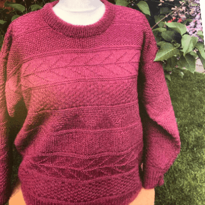 Wool Barge ready-made unisex gansey-style sweater in Roseberry topping purple-red British wool