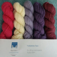 Yorkshire Tea pack of 5 mini skeins of 4ply yarn in purples, pinks and ivory. Inspired by a Yorkshire cream tea of jam, scones and cream