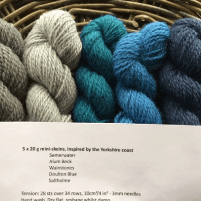 Yorkshire Coast pack of 4ply mini skeins contains 5 20g/60m skeins of rare breed yarn in greys, blues and teal.