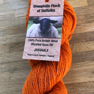 Suffolk Jervaulx DK yarn, pumpkin orange shade. Hard wearing yarn, 100% British wool.