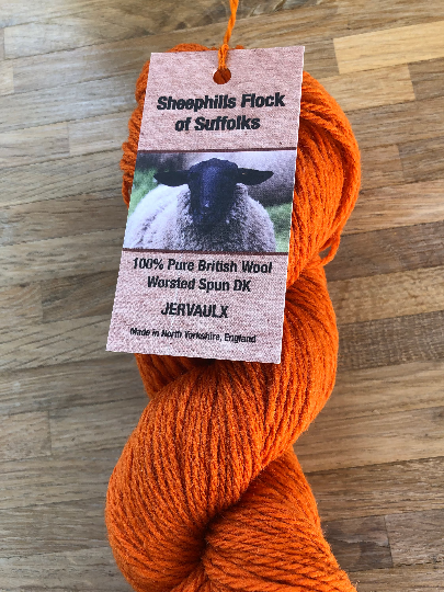 Suffolk Jervaulx DK yarn, pumpkin orange shade. Hard wearing yarn, 100% British wool.