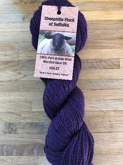 Suffolk Violet DK yarn, light, warm, hard wearing with a dry handle. Vibrant purple shade. Limited edition.