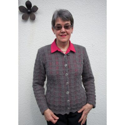 woman wearing the Scarborough lace knitted jacket