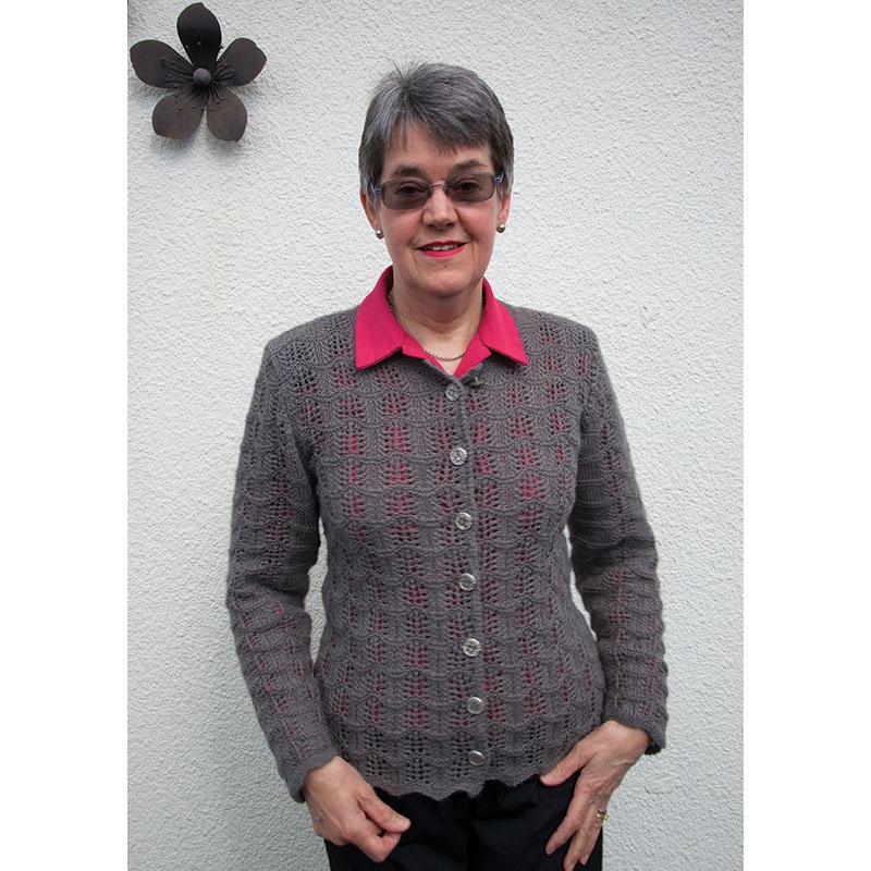 woman wearing the Scarborough lace knitted jacket
