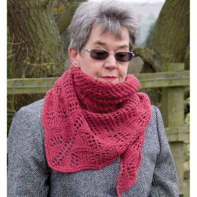 Woman wearing scarborough lace shawlette scarf