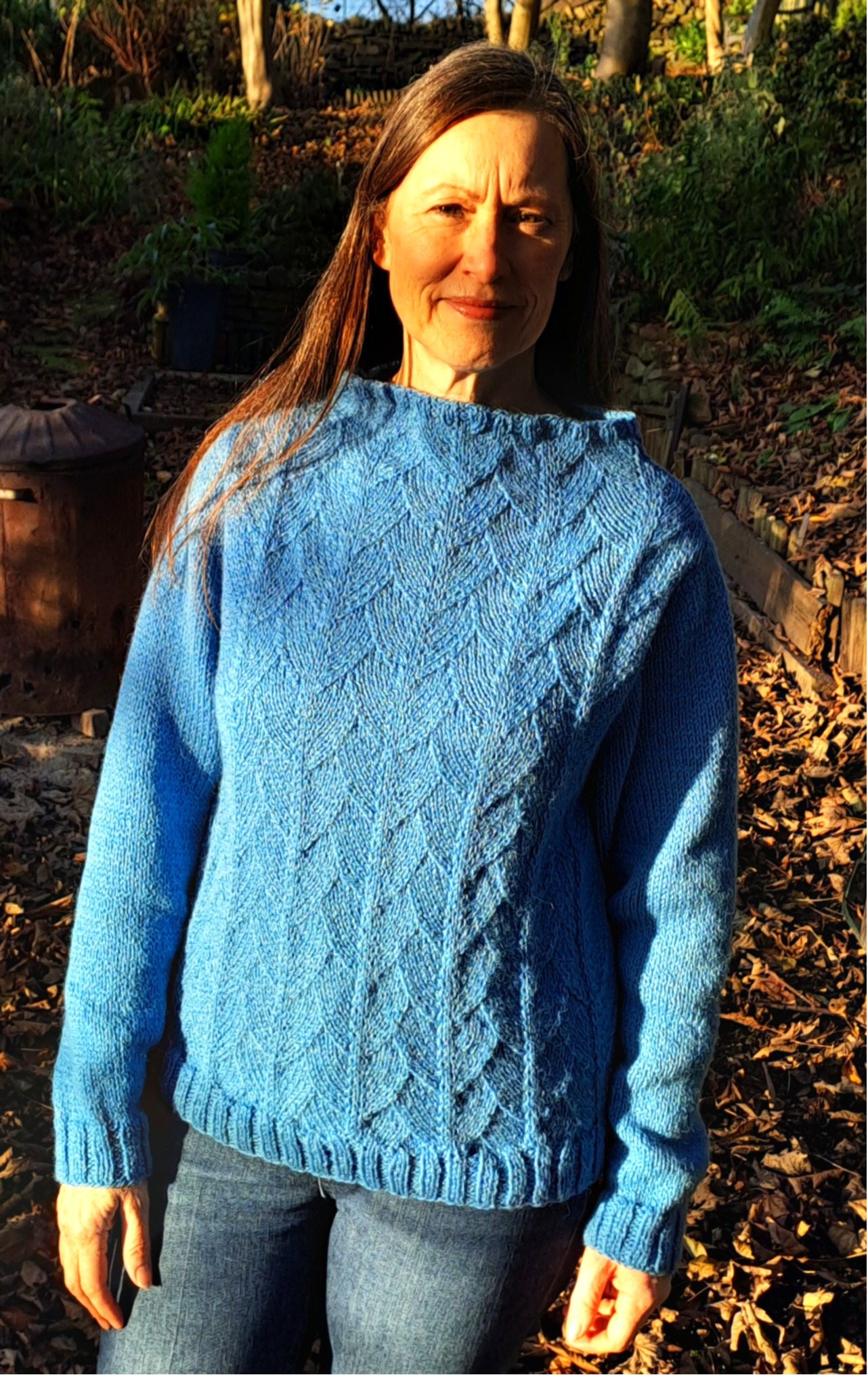 Woman wearing woolen sweater knitting kit made from border leicester yarn