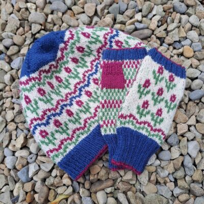 Yorkshire Blooms Toque and Fingerless Mitts knitted using rare-breed yarn from a slaughter-free flock